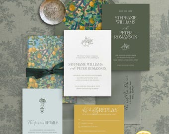 Green Lemon Wedding Invitation Template Canva | Editorial Garden Wedding Suite | Sage Green Luxury Wedding Invite Set | Printable Stationery