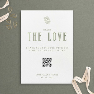 Editable Wedding Share the Love, Green Modern Tropical Templates, Elegant Card, QR Wedding Code, Canva Template, Instant Download Printable