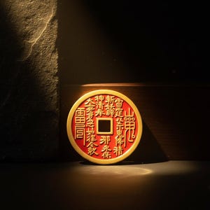 Op de afbeelding: Een ronde, goudkleurige munt met rode accenten en Chinese karakters. De munt heeft een vierkant gat in het midden en staat tegen een donkere achtergrond met dramatische belichting. Het ontwerp van de munt is ingewikkeld en gedetailleerd.