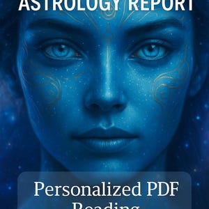 Op de afbeelding: Digitale kunst van een blauwhuidige persoon met gouden markeringen, met de tekst "STARSEED ORIGINS ASTROLOGY REPORT" en "Personalized PDF Reading". De afbeelding heeft een kosmisch thema met sterren.