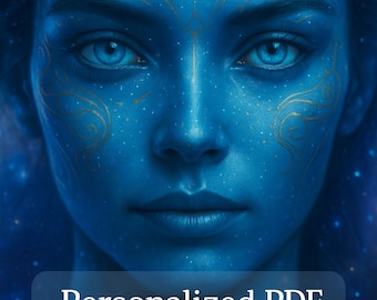 May include: Digital art of a blue-skinned person with gold markings, featuring the text "STARSEED ORIGINS ASTROLOGY REPORT" and "Personalized PDF Reading". The image has a cosmic theme with stars.