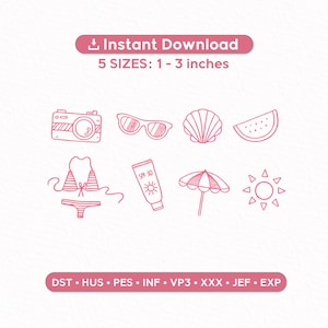 Puede incluir: Ilustraciones de línea rosa de artículos con temática de verano, que incluyen una cámara, gafas de sol, concha, rebanada de sandía, bikini, protector solar, sombrilla y sol. El texto dice "Instant Download" y "5 TAMAÑOS: 2.5-7.6 cm".