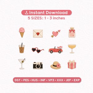 Pode incluir: Patches bordados com vários desenhos: cone de sorvete, envelope com coração, coração com flecha, frasco de perfume, xícara de café, óculos de sol de coração, carro vermelho, taça de champanhe, martini, câmera, chapéu de sol e caixa de presente. Texto: "Download instantâneo" e "5 TAMANHOS: 2.5-7.6 cm".