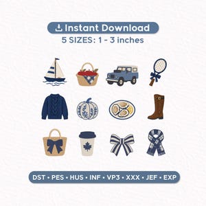 May include: A digital embroidery design set featuring eleven icons: a sailboat, apple basket, blue SUV, tennis racket, cable knit sweater, pumpkin, oysters, brown boot, tote bag, coffee cup with maple leaf, striped bow, and plaid scarf. 5 sizes: 2.5-7.6 cm.