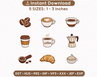 Koffieborduurontwerpbundel, latte-cappuccino-croissantcafépictogrammen, miniborduurontwerpen 1-3 inch, Instant Download PES Zomertijd JEF