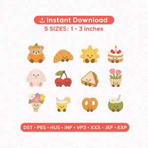 Puede incluir: Colección de diseños de dibujos animados adorables con comida y animales, incluyendo un oso en una calabaza, croissant, sol, pastel, conejo, cerezas, sándwich, flores, jugo, pretzel y coco. Disponibles en 5 tamaños, de 2.5 a 7.6 cm.