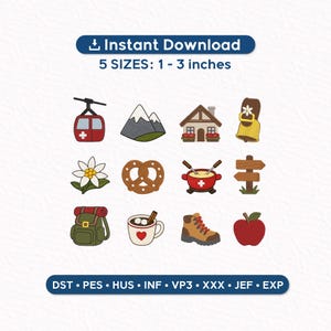 Swiss Alps Embroidery Bundle | Alpine Adventure Mini Icons | Chalet, Cable Car & Hiking Embroidery Files | Instant Download