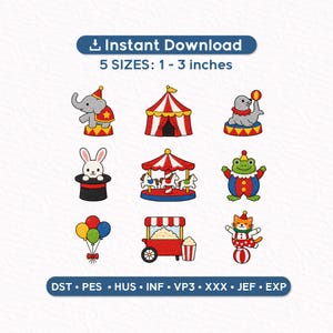 Op de afbeelding: Een verzameling kleurrijke borduurontwerpen met circusthema. Bevat een olifant, circustent, zeehond, konijn, carrousel, kikker, ballonnen, popcornwagen en een kat. De ontwerpen zijn beschikbaar in 5 maten, van 2.5 tot 7.6 cm.