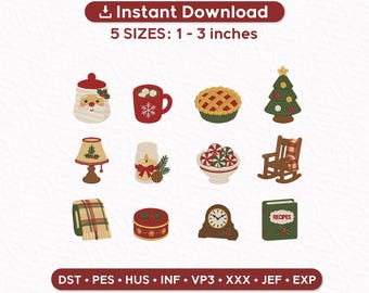 Könnte beinhalten: Ein digitales Stickmuster-Set mit zwölf weihnachtlichen Motiven: ein Weihnachtsmann-Gefäß, Kakaotasse, Kuchen, Tannenbaum, Lampe, Kerze, Bonbonschale, Schaukelstuhl, karierte Decke, runde Dose, Uhr und Rezeptbuch. Text: Instant Download 5 SIZES: 2,5 - 7,6 cm.