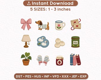 Cozy Cottage Stickerei Bundle, Mini Home Icons Set, Cottagecore Küche Dekor, gemütliches Wohnen Designs, Instant Download Stickdatei