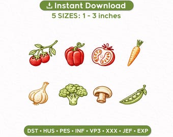 Juego de 8 mini diseños de bordado de verduras: tomate cherry, pimiento, zanahoria, ajo y brócoli. Limas para máquina de 1 a 3 pulgadas.