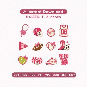 May include: A collection of twelve pink and white sports-themed embroidery designs including a tennis racket, football helmet, volleyball, jersey with 08, pennant with GAME DAY text, football, heart, cowboy boot, soccer ball, tennis ball, pom-poms, sneaker, and letter V.