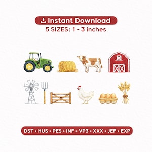 Puede incluir: Un conjunto de diseños de bordado con imágenes de temática agrícola, que incluyen un tractor verde, un pajar, una vaca, un granero rojo, un molino de viento, una horca, una valla, una gallina, huevos y trigo. Disponible en 5 tamaños, de 2.5 a 7.6 cm.
