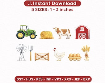 Farm Mini Embroidery Design Set of 10, Tractor Barn Cow Chicken Farm Icons, Country Farm Machine Embroidery Files, Instant Download