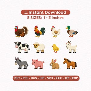 May include: A collection of embroidered farm animal designs, including a turkey, rooster, hen, duck, cow, sheep, chick, goat, donkey, pig, rabbit, and horse. The designs are available in 5 sizes, ranging from 1 to 3 inches.