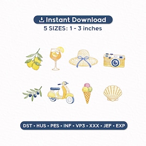 May include: An illustration featuring summer-themed embroidery designs. Includes a lemon branch, cocktail, sun hat, camera, olive branch, scooter, ice cream cone, and seashell. The text reads "Instant Download" and "5 SIZES: 1-3 inches."