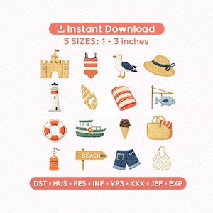 Puede incluir: Colección de diseños bordados con temática de playa, que incluyen un castillo de arena, un traje de baño, una gaviota, un sombrero para el sol, un faro, una concha, una toalla de playa, un salvavidas, un barco, un helado, un bolso de mano, protector solar, un letrero de playa, pantalones cortos de mezclilla y una bolsa de malla. Tamaños de 2.5 a 7.6 cm.