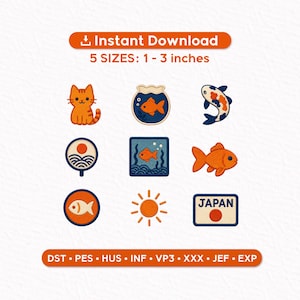 May include: A collection of embroidered patches featuring Japanese-themed designs. Includes a cat, goldfish in a bowl, koi fish, fan, fish in a square, a sun, and a patch with the word "JAPAN". Sizes range from 1 to 3 inches.