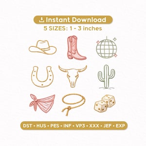 May include: An instant download graphic featuring embroidered designs of a cowboy hat, boot, disco ball, horseshoe, bull skull, cactus, bandana, rope, and dice. The designs are available in 5 sizes, ranging from 1 to 3 inches.