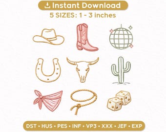 Western Rodeo Mini Embroidery Design Set of 9, Cowboy Hat Boot Horseshoe Cactus Dice Icons, Cowgirl Western Machine Embroidery Files