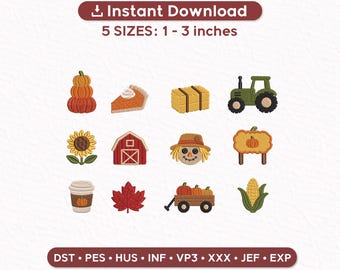 May include: A digital embroidery design set featuring twelve autumn-themed icons including a pumpkin stack, pie slice, hay bale, green tractor, sunflower, red barn, scarecrow face, pumpkin sign, coffee cup, maple leaf, wagon, and corn in 5 sizes: 1-3 inches.