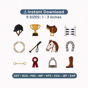 Puede incluir: Diseños de bordado ecuestre que incluyen un casco de montar, trofeo, silla de montar, salto, bocado, fusta, cabeza de caballo, herradura, cinta, estribo y bota de montar. Disponibles en 5 tamaños, de 2.5 a 7.6 cm. La imagen incluye el texto "Instant Download".