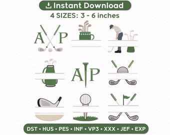 May include: A selection of golf-themed designs in green and white. The designs feature golf clubs, golf balls, and a golfer. Text includes "Instant Download" and "4 SIZES: 7.6-15.2 cm".