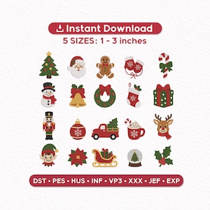 Puede incluir: Un conjunto de diseños de bordado digital con veinte iconos navideños: árbol, Santa, hombre de jengibre, manoplas, bastón de caramelo, muñeco de nieve, campana, corona, calcetín, regalo, cascanueces, adorno, camión, cacao, reno, elfo, flor de pascua, trineo, bola de nieve y acebo. Texto: Instant Download 5 SIZES: 2,54 - 7,62 cm. Formatos: DST, PES, HUS, INF, VP3, XXX, JEF, EXP.