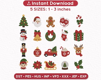Könnte beinhalten: Ein digitales Stickmuster-Set mit zwanzig weihnachtlichen Motiven: Baum, Weihnachtsmann, Lebkuchenmann, Fäustlinge, Zuckerstange, Schneemann, Glocke, Kranz, Socke, Geschenk, Nussknacker, Kugel, LKW, Kakao, Rentier, Elf, Weihnachtsstern, Schlitten, Schneekugel und Stechpalme. Text: Instant Download 5 SIZES: 2,54 - 7,62 cm. Formate: DST, PES, HUS, INF, VP3, XXX, JEF, EXP.