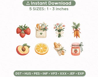Farmers Markt Chic Mini Stickdateien Set 8 | Cottagecore Icons 1–3 Inch | Digitale Maschinenstickerei