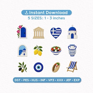 Grekland broderi ikoner set med 12, Santorini medelhavsmönster, citron oliv gyro onda ögat, PES DST JEF filer direkt nedladdning