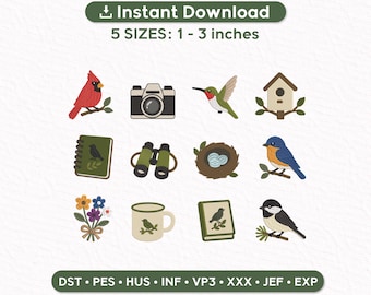 Pacchetto di ricami per appassionati di birdwatching, mini disegni per amanti degli uccelli, ricamo a macchina per cardinali, uccelli azzurri, colibrì e club di birdwatching, download immediato.