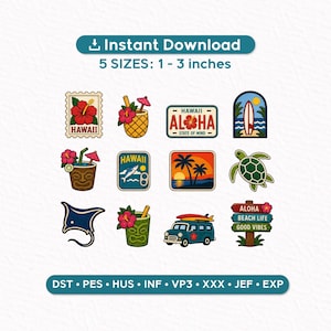 Può includere: Una collezione di toppe a tema hawaiano con vari disegni, tra cui un fiore di ibisco, un drink all'ananas, una tavola da surf, una tartaruga e un furgone con una tavola da surf. Le toppe sono disponibili in 5 misure, da 2,5 a 7,6 cm.