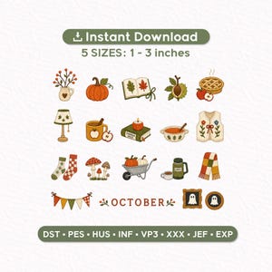 Könnte beinhalten: Eine digitale Sammlung von herbstlichen Stickmustern mit Kürbis, Buch, Kuchen, Lampe, Tasse, Kerze, Weste, Socken, Pilzen, Schubkarre, Thermoskanne, Schal, Wimpelkette, dem Wort OCTOBER und Geistern. Der Text lautet: Instant Download 5 SIZES: 1 - 3 inches.