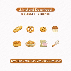 Puede incluir: Ilustración de productos horneados, como una baguette, un pretzel, una galleta y un muffin. También se muestran una barra de pan, una cesta de panecillos, una batidora y un batidor. Texto: "Descarga instantánea" y "5 TAMAÑOS: 2,5-7,6 cm."