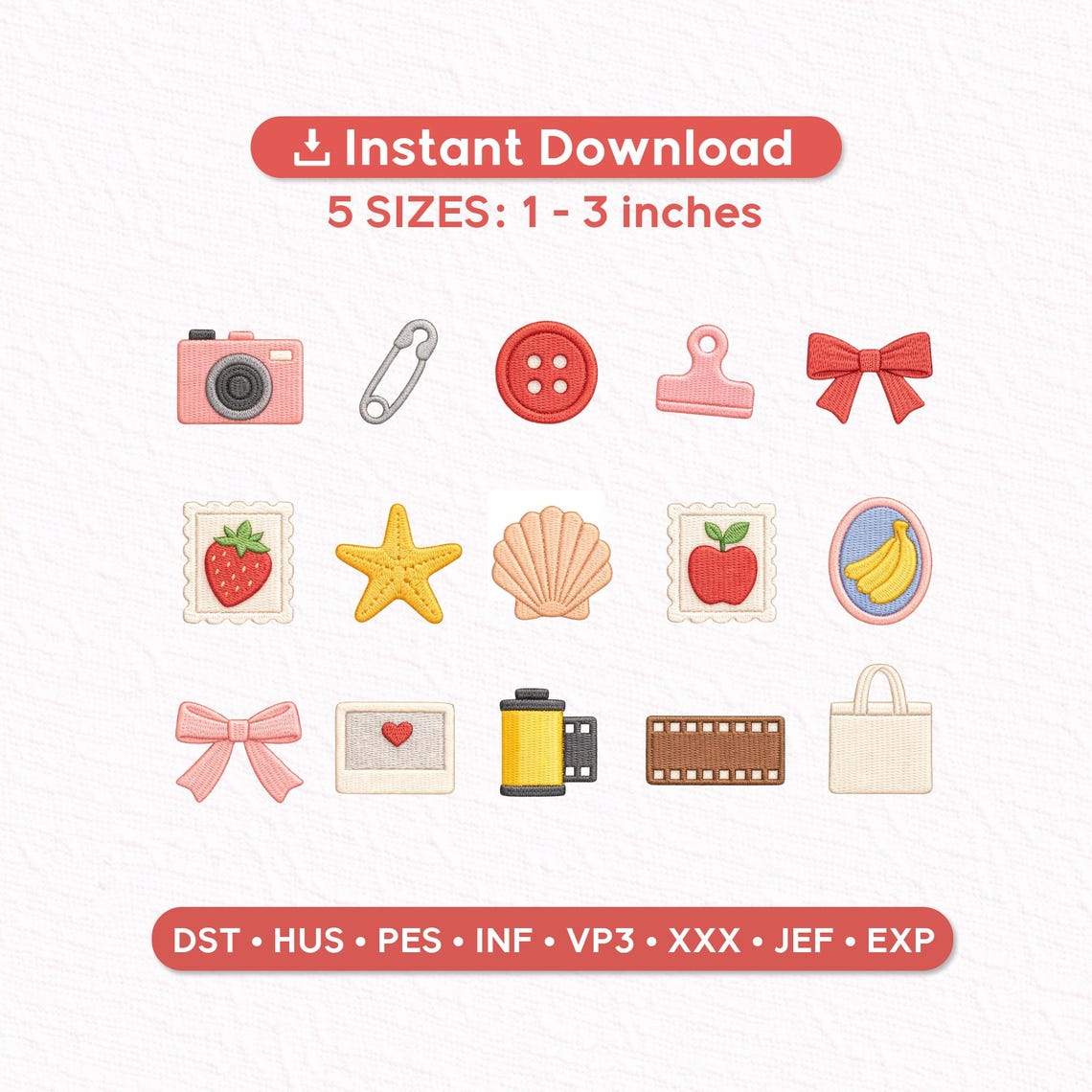 Preppy Girly Mini Embroidery Design Set of 15 | Bow Strawberry Camera ...