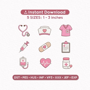 May include: A set of pink and white medical-themed digital embroidery designs. Includes a stethoscope, nurse's cap, scrub top, syringe, bandage, clipboard, IV bag, heart monitor, and pill bottle. The designs are available in 5 sizes, ranging from 2.5 to 7.6 cm.