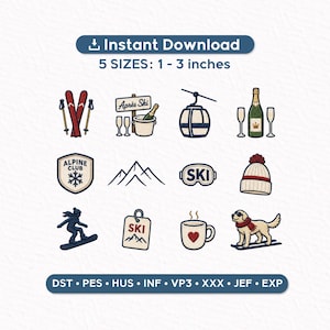 Puede incluir: Colección de diseños de bordado con temática de deportes de invierno. Incluye esquís, un telesilla, champán, una etiqueta de esquí, un snowboarder, una taza con un corazón y un perro esquiando. Los diseños están disponibles en 5 tamaños, de 2.5 a 7.6 cm.