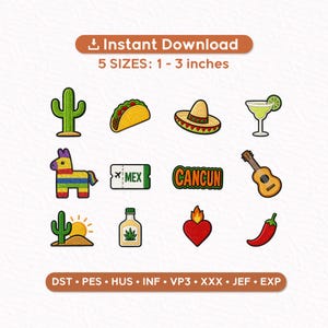 Mexiko Mini Broderidesigner Set med 12, Cancun Taco Kaktus Tequila Sombrero Fiesta Maskinbroderifiler PES DST JEF