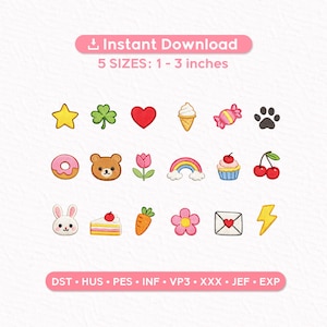 18 Kawaii Cute Mini Embroidery Designs Set, Preppy Girly Icons Bundle, Pink Daisy Shamrock Cherry Cupcake, Instant Download PES DST