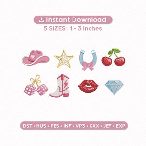 May include: A collection of embroidered patches featuring a pink cowboy hat, a gold star, a blue horseshoe with a pink bow, red cherries, dice, a white and pink cowboy boot, red lips, and a blue diamond. The patches range from 1 to 3 inches.