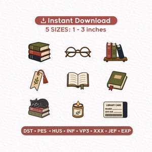 May include: A collection of nine illustrated stickers with a book theme. The stickers include stacks of books, eyeglasses, a bookmark, an open book, a cat on books, a candle, and a library card. The stickers are available in 5 sizes, ranging from 1 to 3 inches.