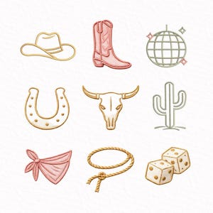 May include: A collection of embroidered Western-themed icons, including a cowboy hat, a cowboy boot, a disco ball, a horseshoe, a bull skull, a cactus, a bandana, a rope, and a pair of dice. The designs feature gold and pink hues.