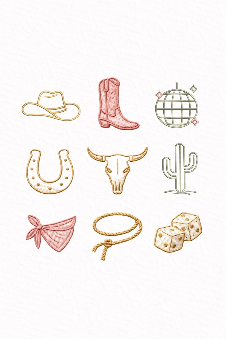 May include: A collection of embroidered Western-themed icons, including a cowboy hat, a cowboy boot, a disco ball, a horseshoe, a bull skull, a cactus, a bandana, a rope, and a pair of dice. The designs feature gold and pink hues.