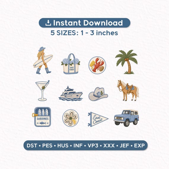 Nantucket Coastal Cowgirl Embroidery Designs Set of 12 | East Coast Summer Yacht Lobster Horse Martini Icons | Machine Embroidery Files