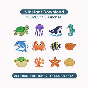 Sea Life Embroidery Designs Set, Ocean Mini Icons Bundle, Cute Marine Animals PES DST JEF, Instant Download 1–3 Inch Files