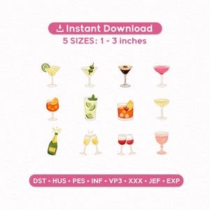 Cocktail Embroidery Bundle, Mini Drink Icons Set, Martini Margarita Champagne Wine Espresso Martini, Instant Download Embroidery Design