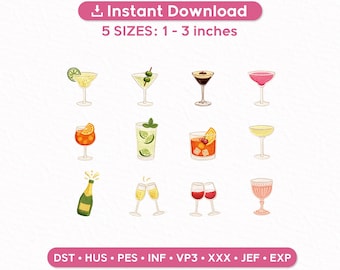 Paquete de bordado de cócteles, conjunto de iconos de bebidas en miniatura, Martini Margarita Champagne Vino Espresso Martini, diseño de bordado de descarga instantánea