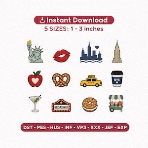 Pode incluir: Uma coleção de bordados com o tema da cidade de Nova York. Inclui a Estátua da Liberdade, lábios vermelhos, um horizonte, o Empire State Building, uma maçã, um pretzel, um táxi amarelo, uma xícara de café, um martini, um letreiro da Broadway, um donut e um carrinho de flores. Texto: Download instantâneo, 5 tamanhos: 2.5-7.6 cm.