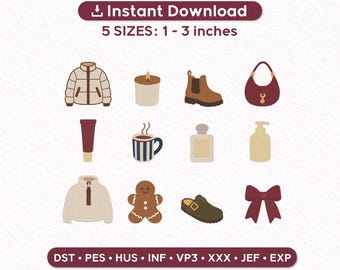 Könnte beinhalten: Ein digitales Stickmuster-Set mit zwölf Symbolen: Steppjacke, Kerze, Stiefel, Handtasche, Tube, Kaffeetasse, Parfümflakon, Seifenspender, Fleecejacke, Lebkuchenmann, Clog und Schleife. Text: Instant Download 5 SIZES: 1 - 3 inches.